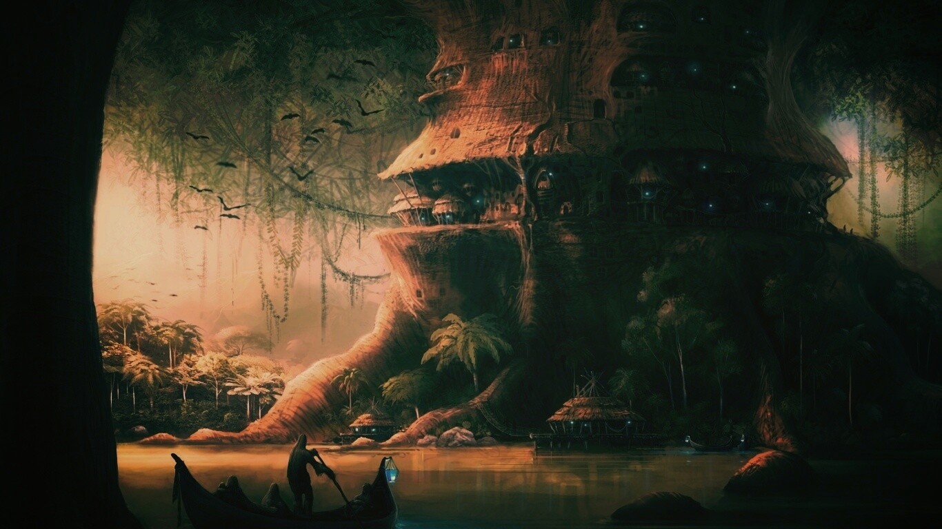 Город в стволе дерева обои