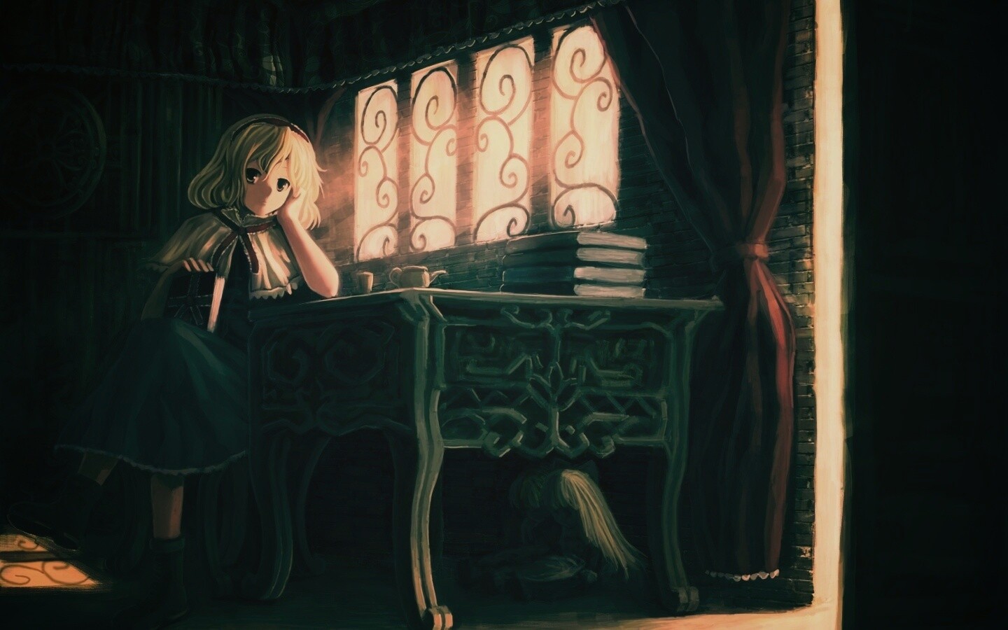 Девочка за столом с книгами обои