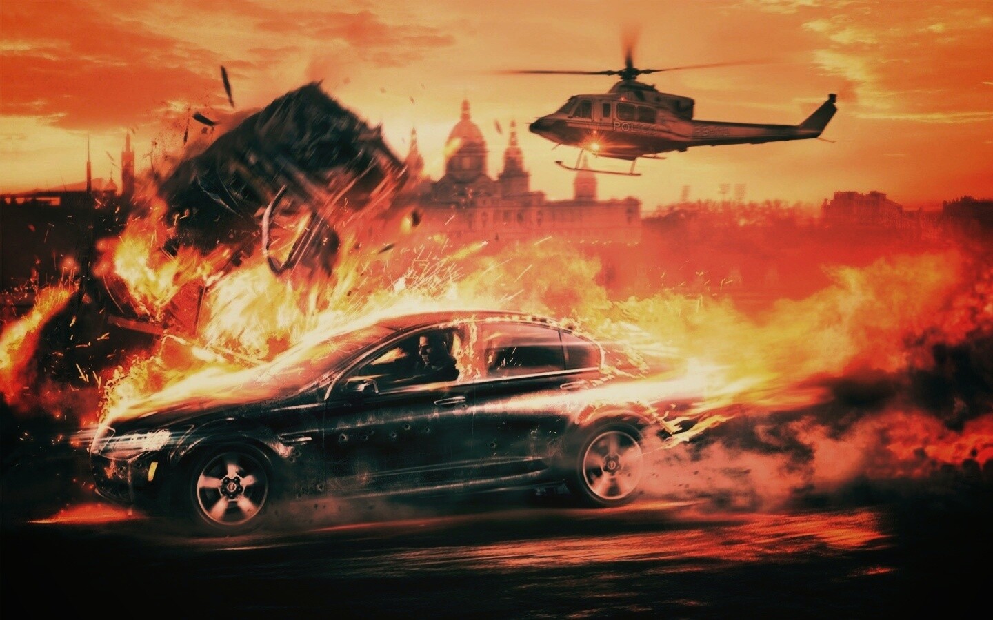 Погоня за горящей машиной обои