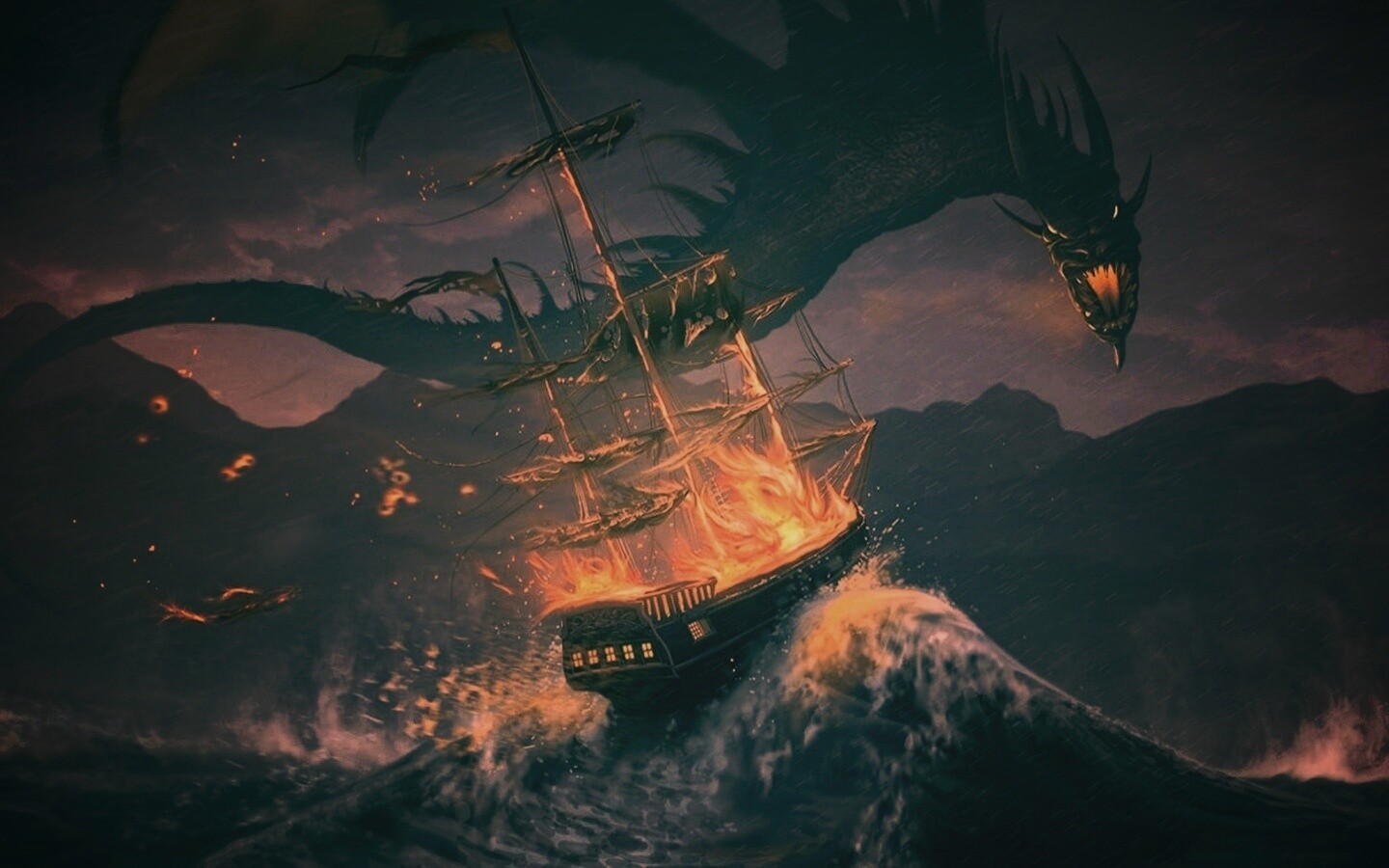 Дракон нападает на корабль обои