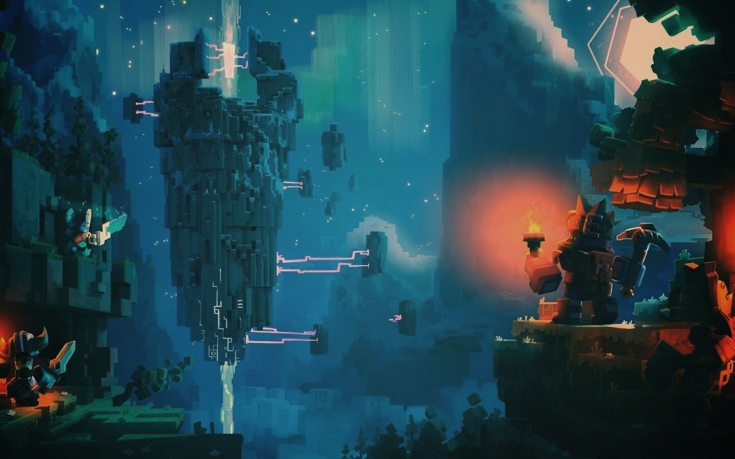 Парень с киркой и факелом смотрит в даль обои