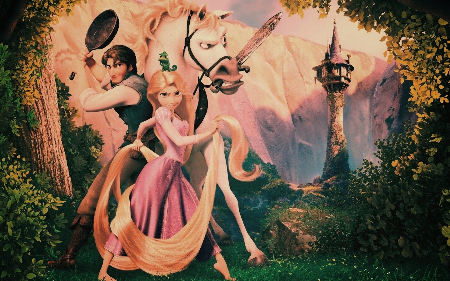 Рапунцель, Флин, Максимус и Паскаль обои