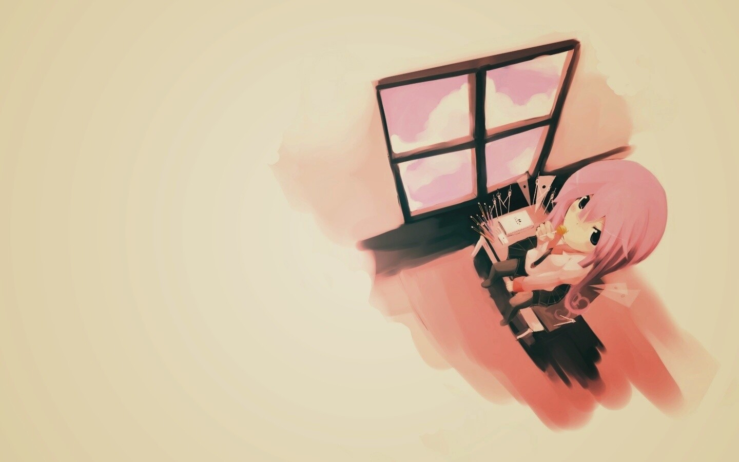 Школница с конфетой у окна обои