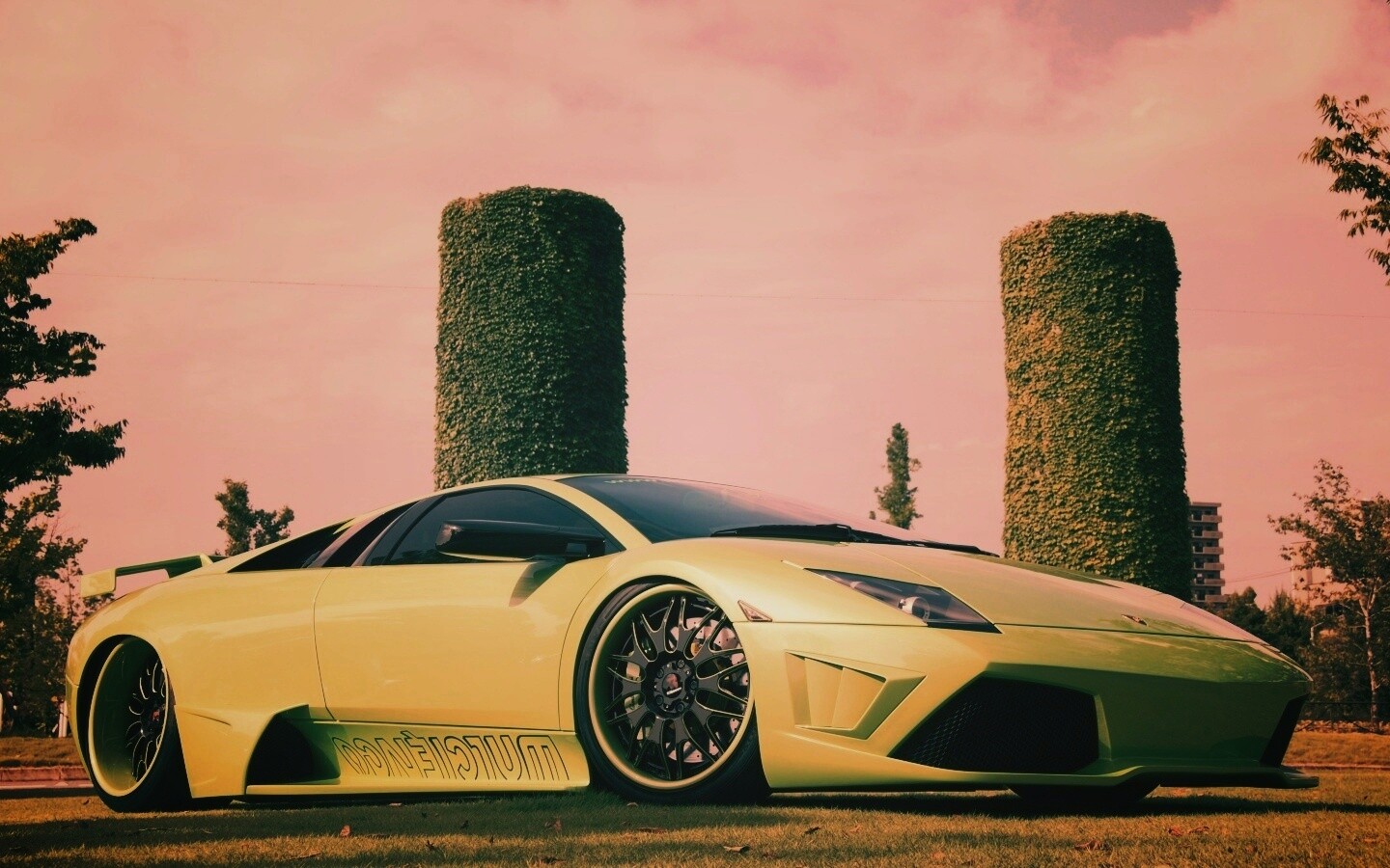 Зелёный Ламборджини на траве обои