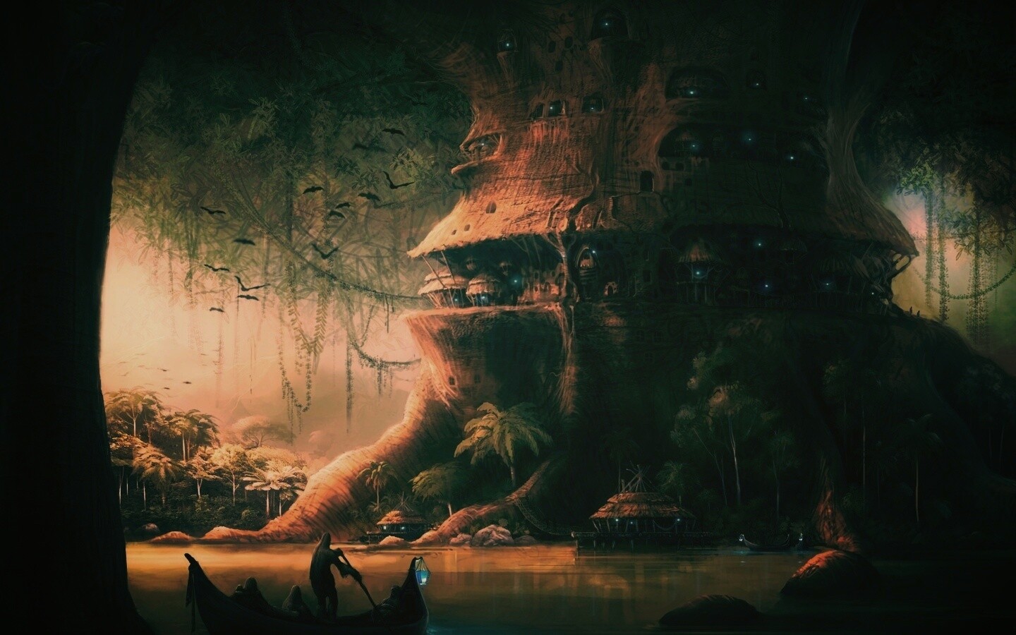 Город в стволе дерева обои