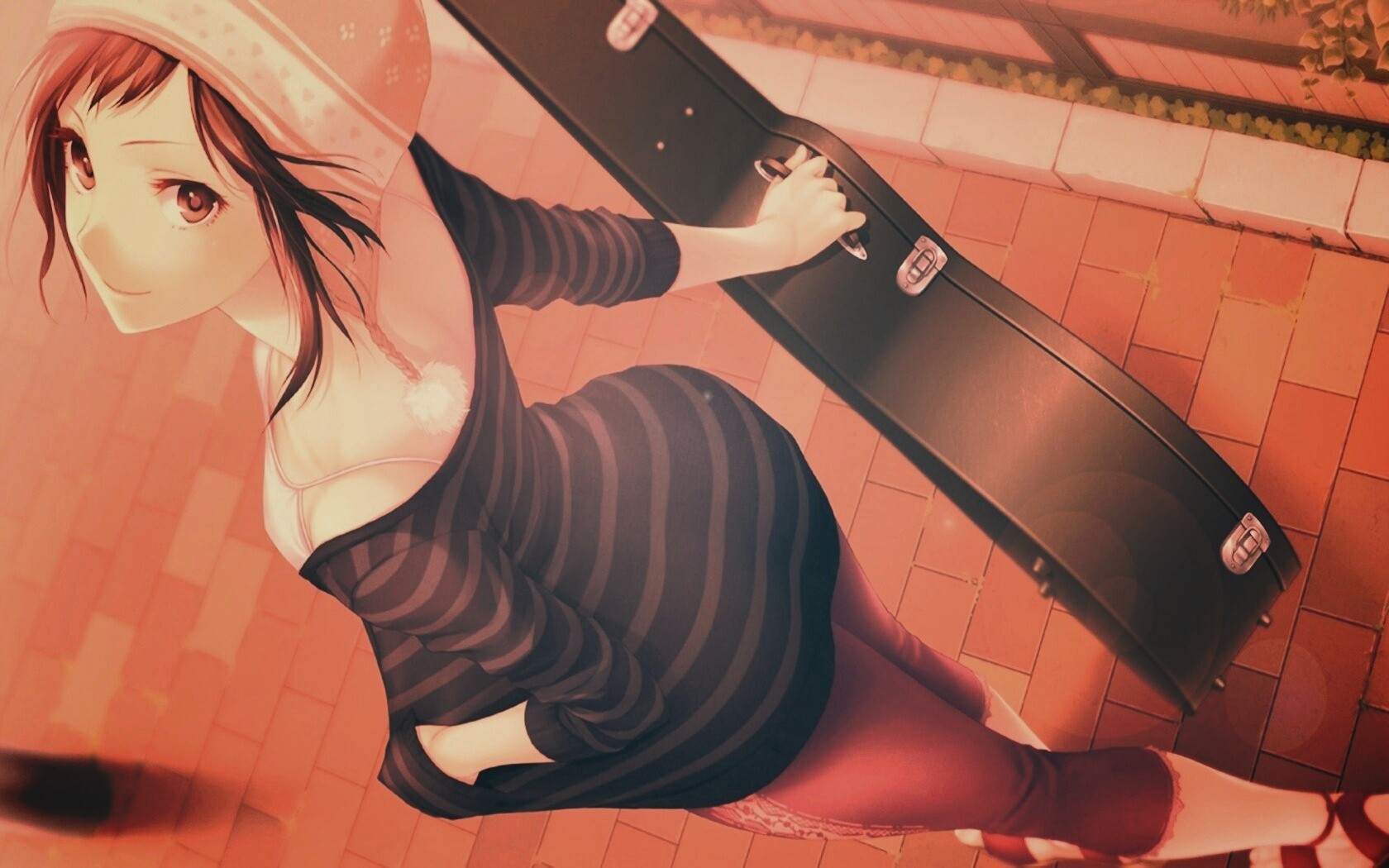 Девушка с гитарным чехлом обои