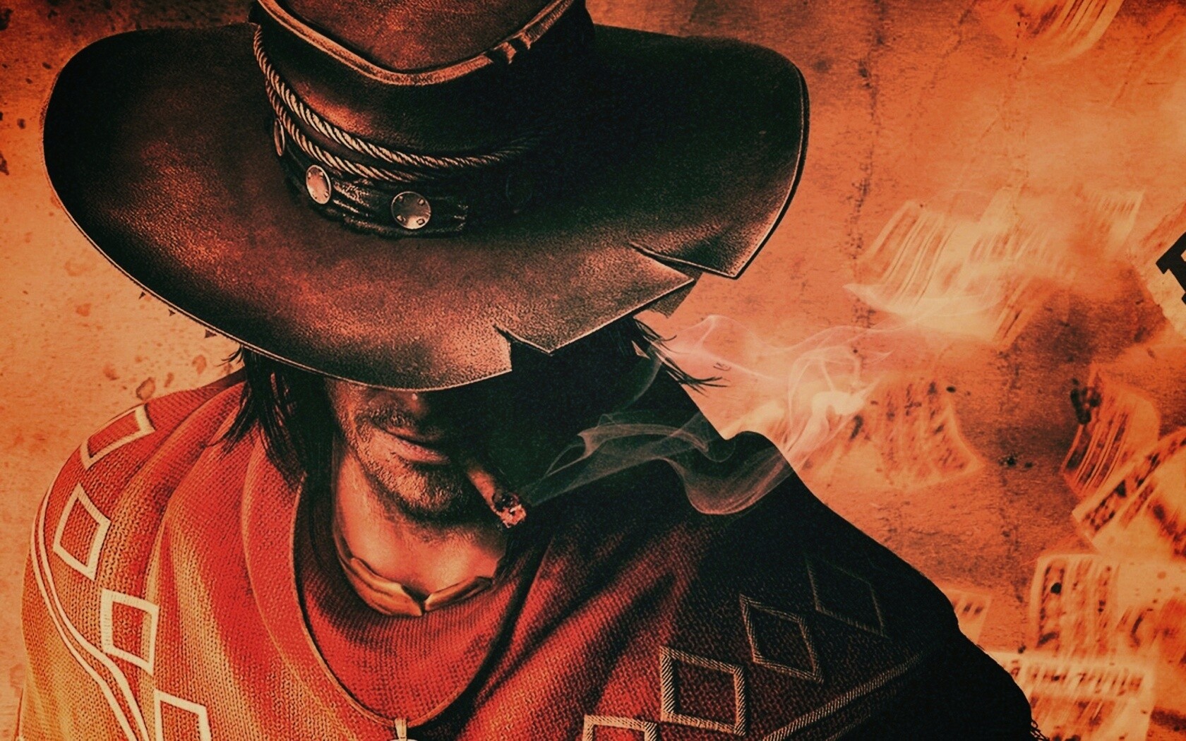 Мужик с сигарой в шляпе и пончо обои