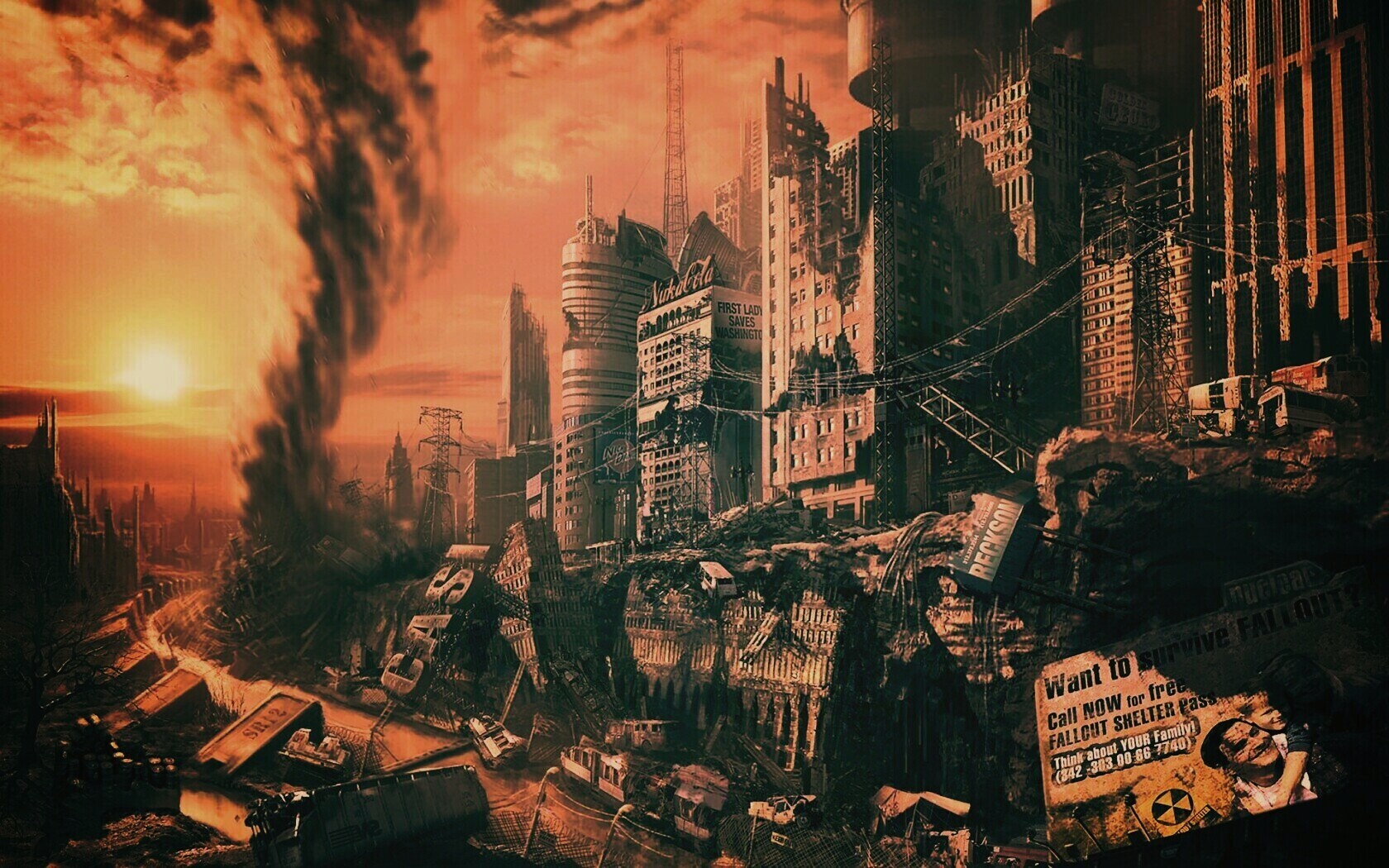 Торнадо в разрушенном городе обои