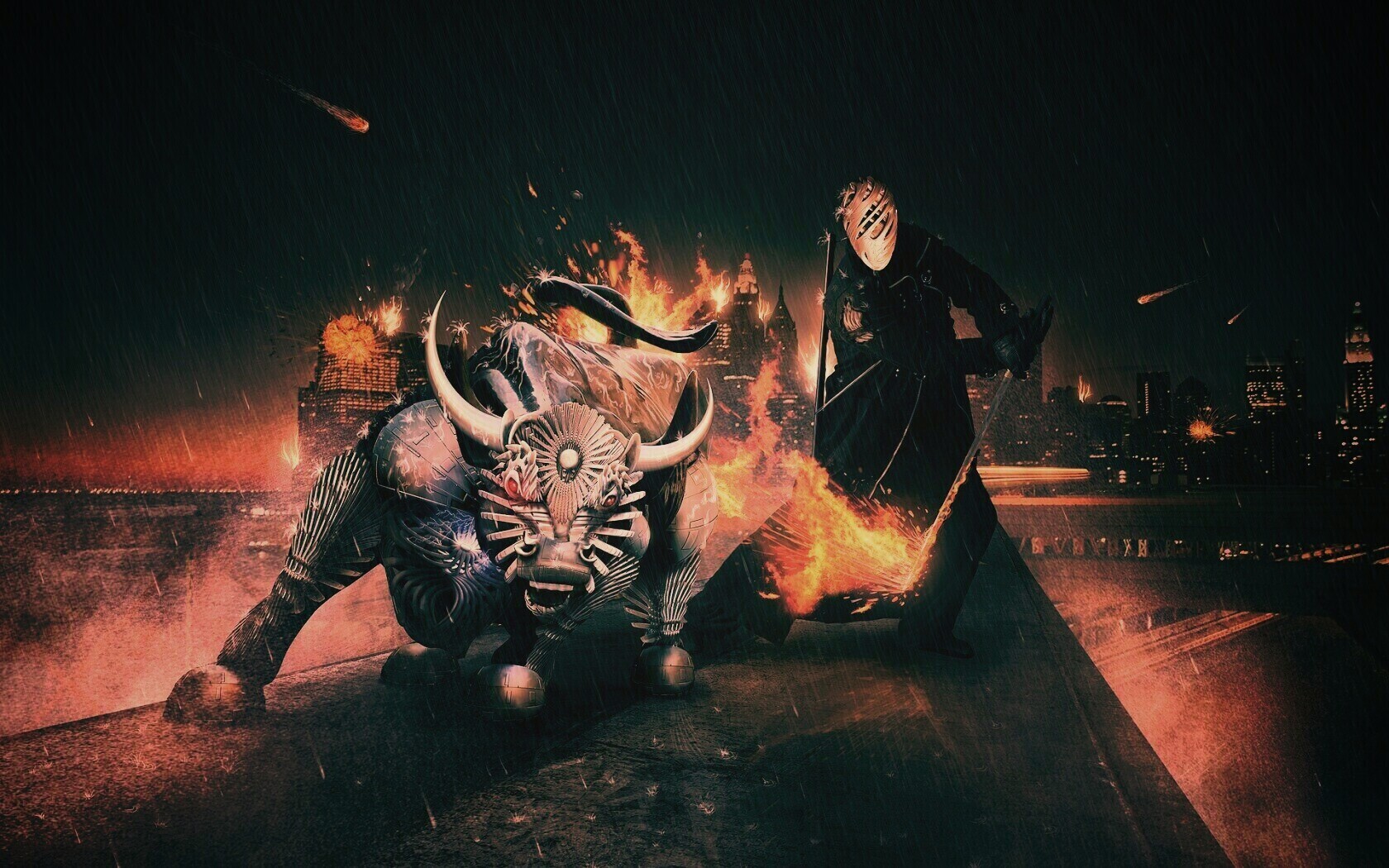 Воин и бык на крыше обои