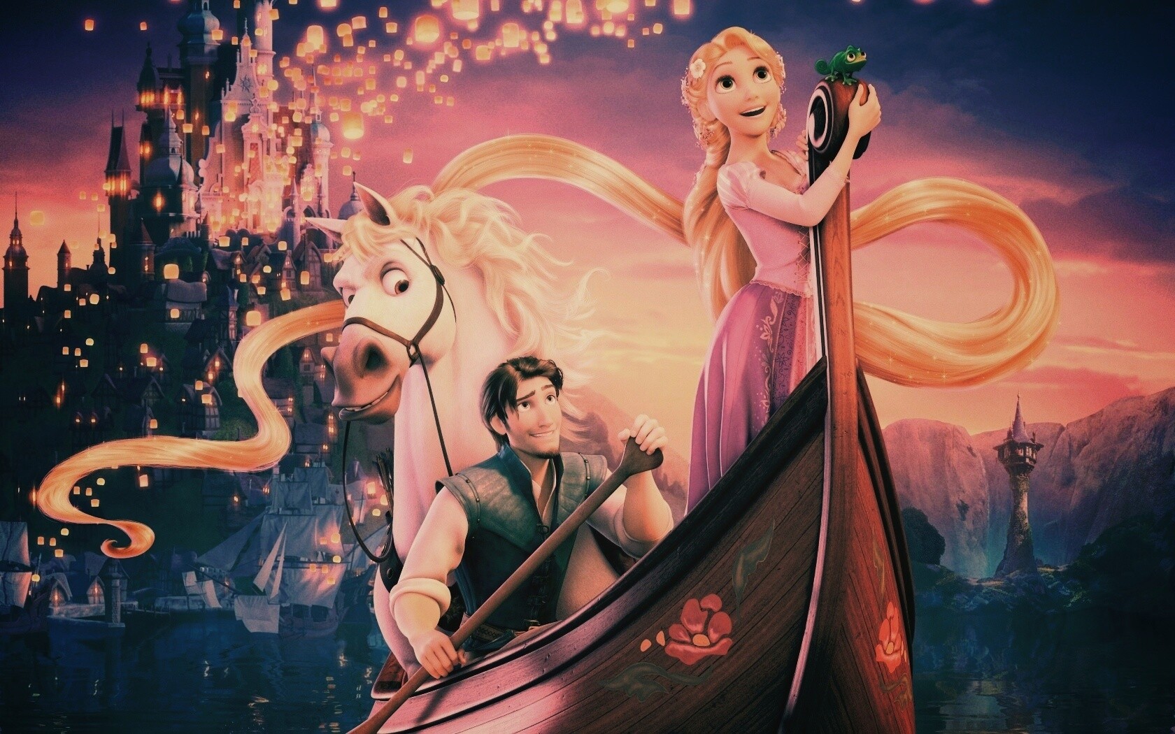 Рапунцель и Флин на лодке обои