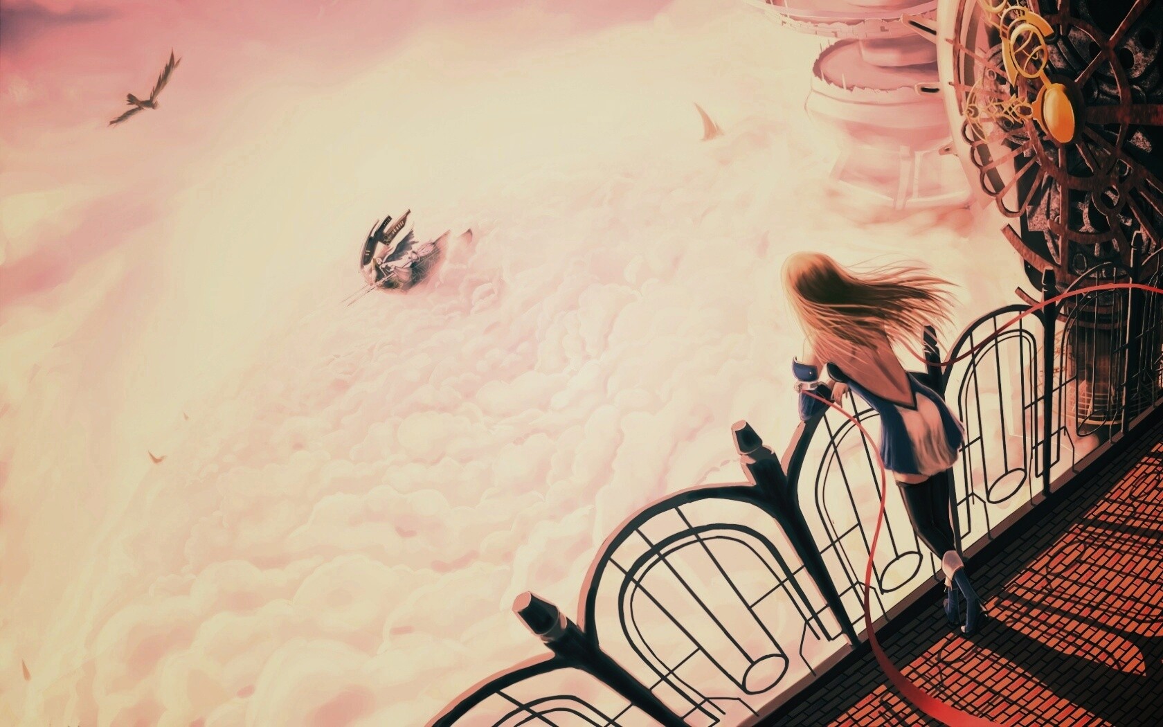 Девушка в городе над облаками обои