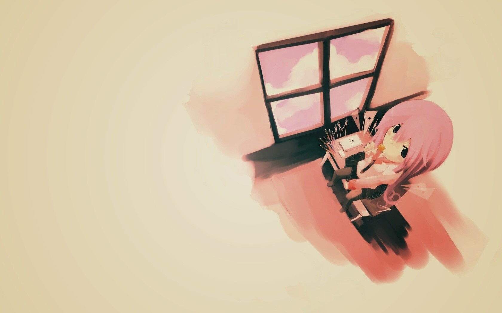 Школница с конфетой у окна обои