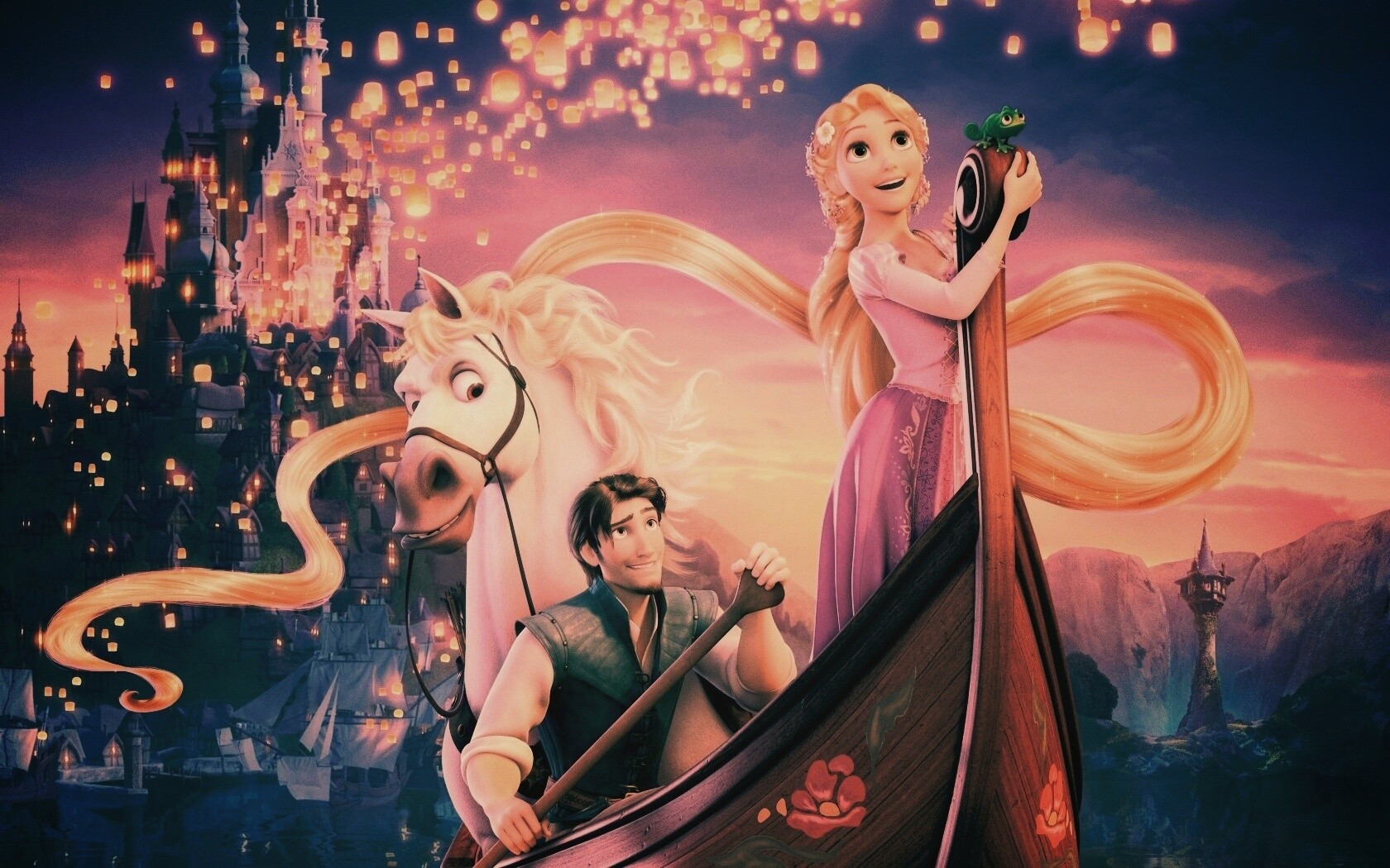 Рапунцель принц и конь в лодке обои