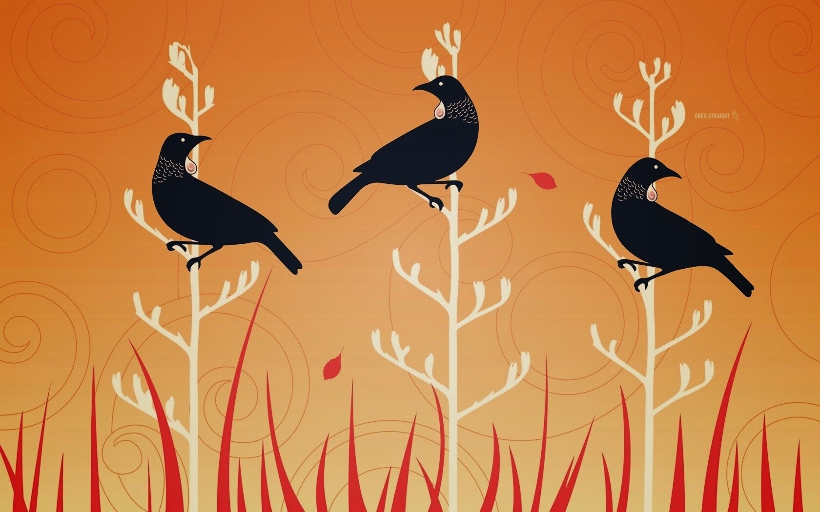 Векторные стилизованные птицы на ветках дерева обои