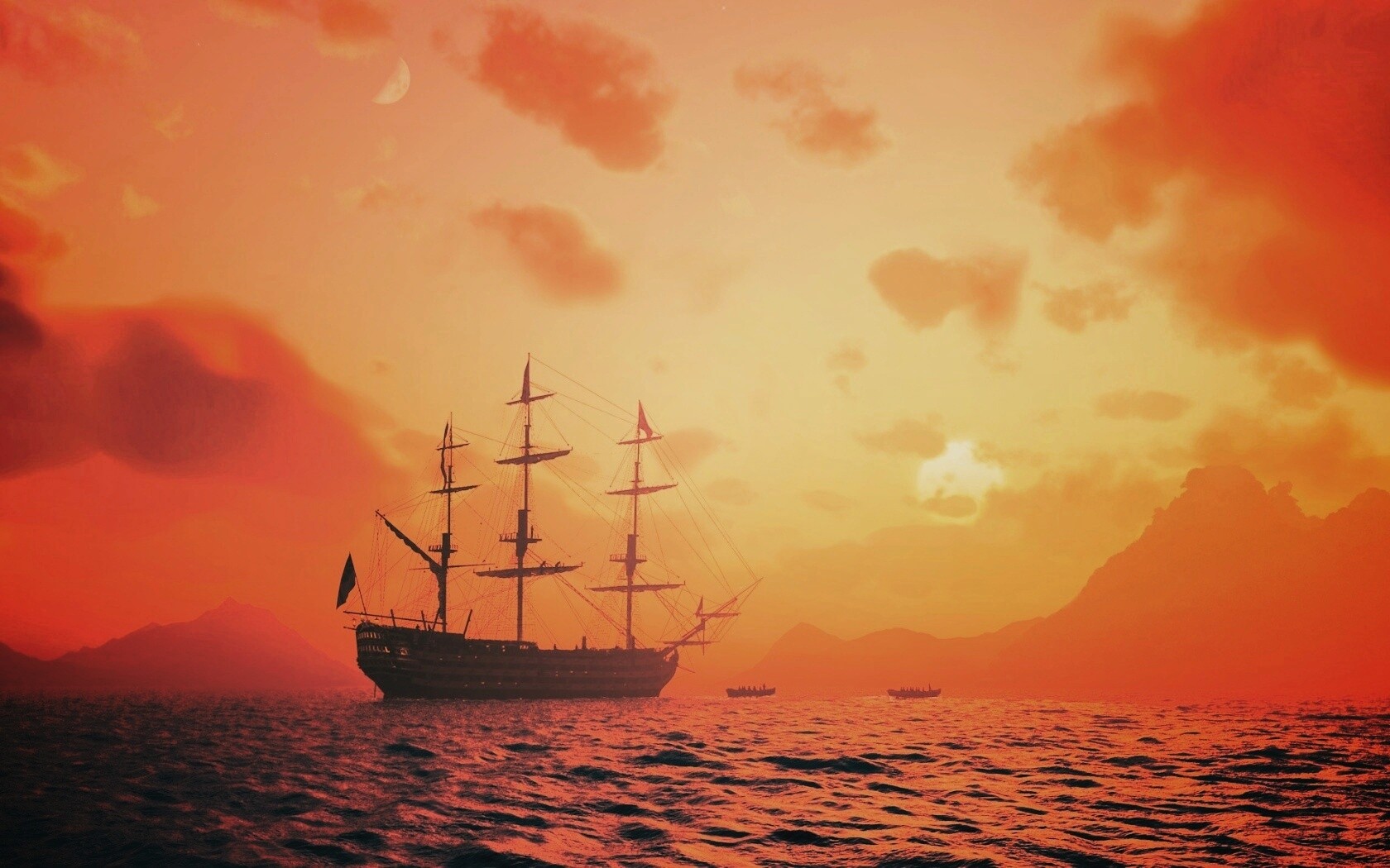 Трехпалубный парусный корабль на закате обои