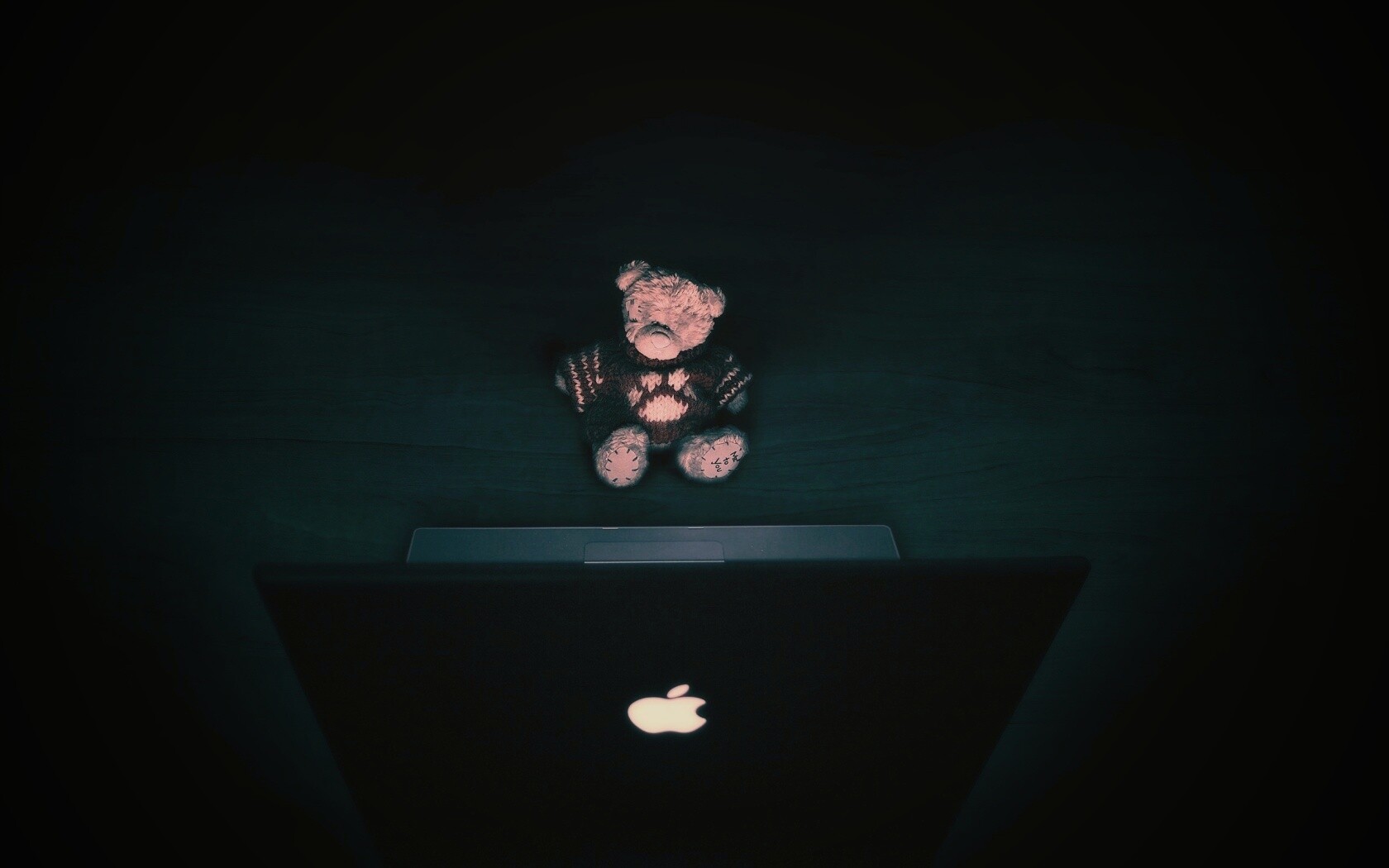 Плюшевый мишка за ноутбуком обои