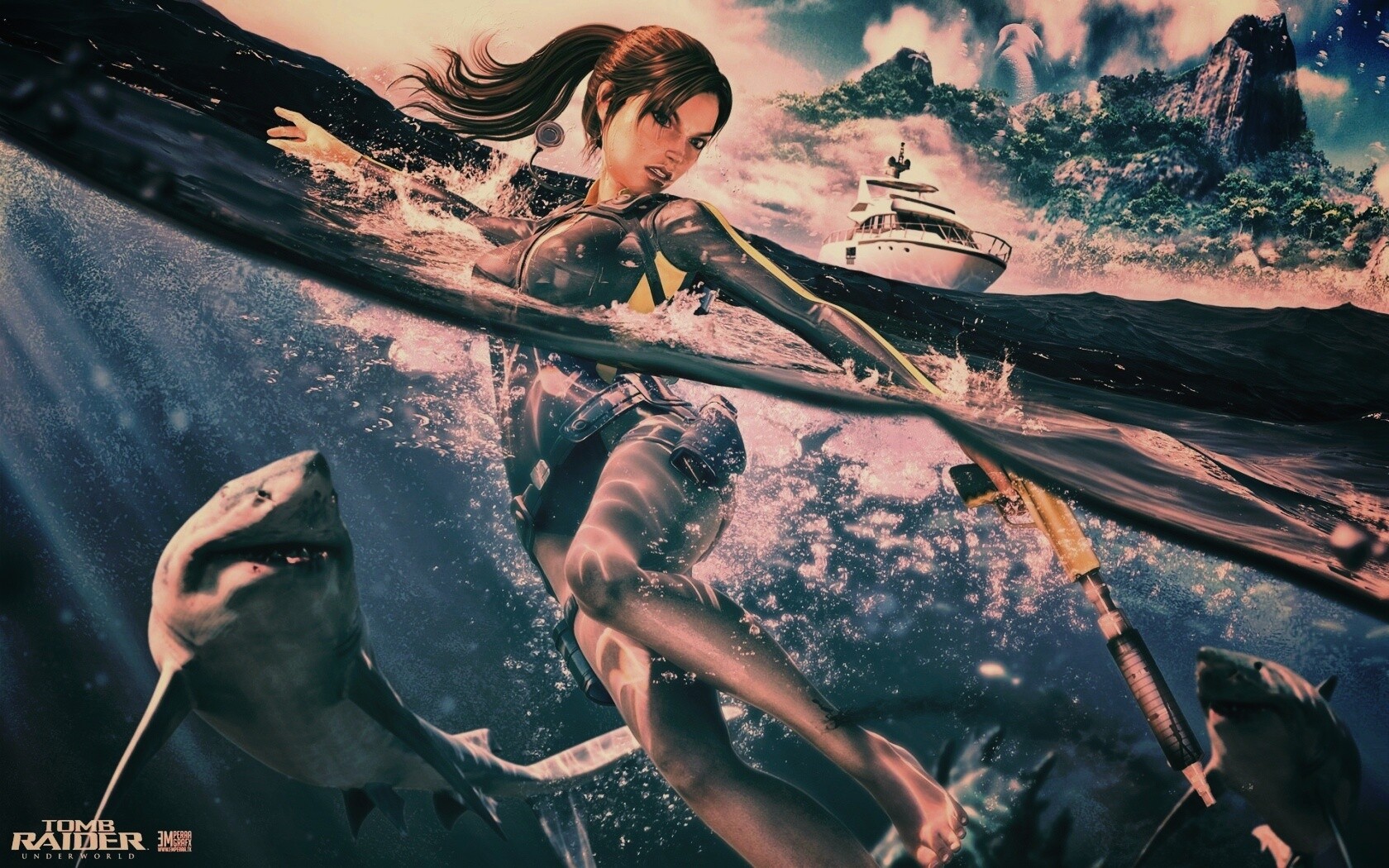 Лара Крофт против акул обои
