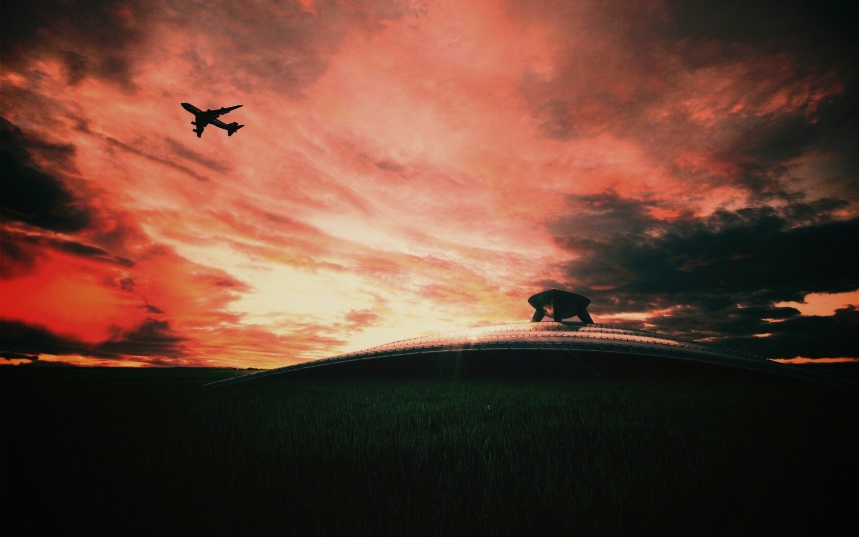 Самолет в закатном небе обои