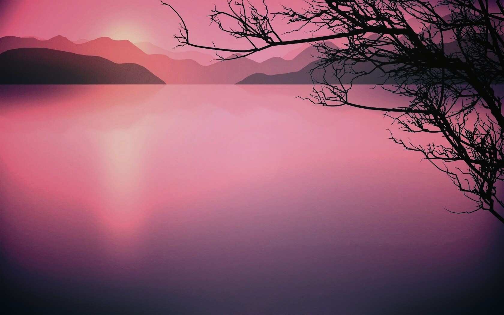 Ветка над вечерним озером обои