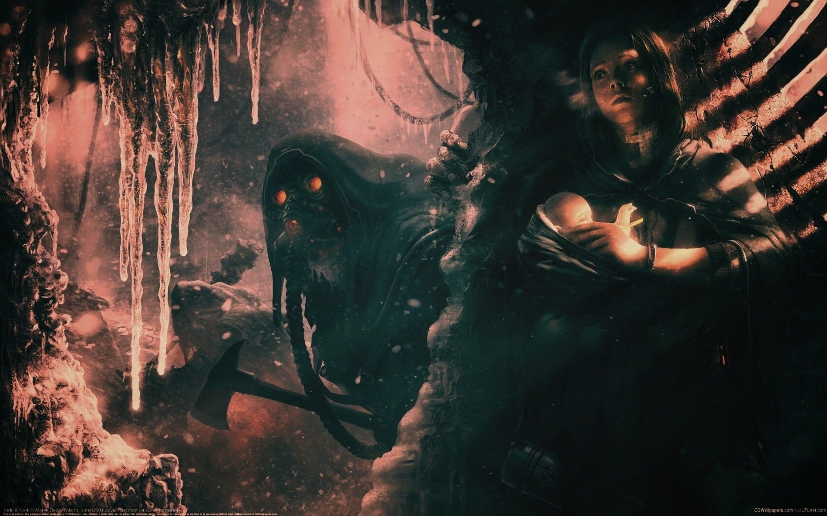 Девушка с ребенком прячется от монстра обои