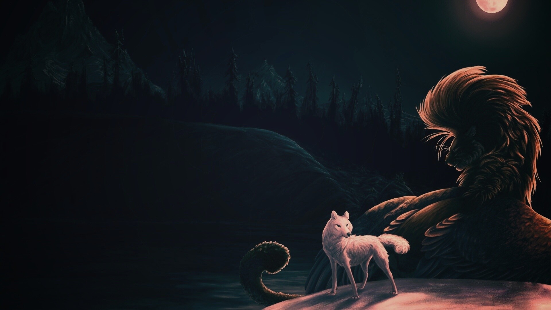 Волк и лев при луне обои