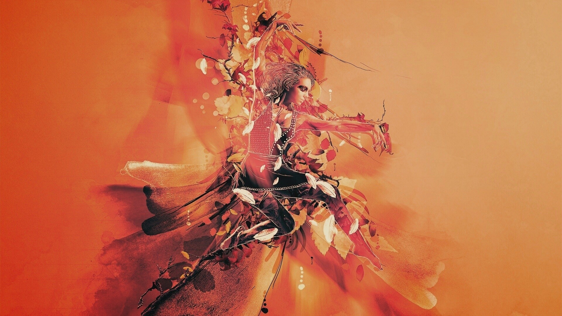 Девушка танцует в листьях обои