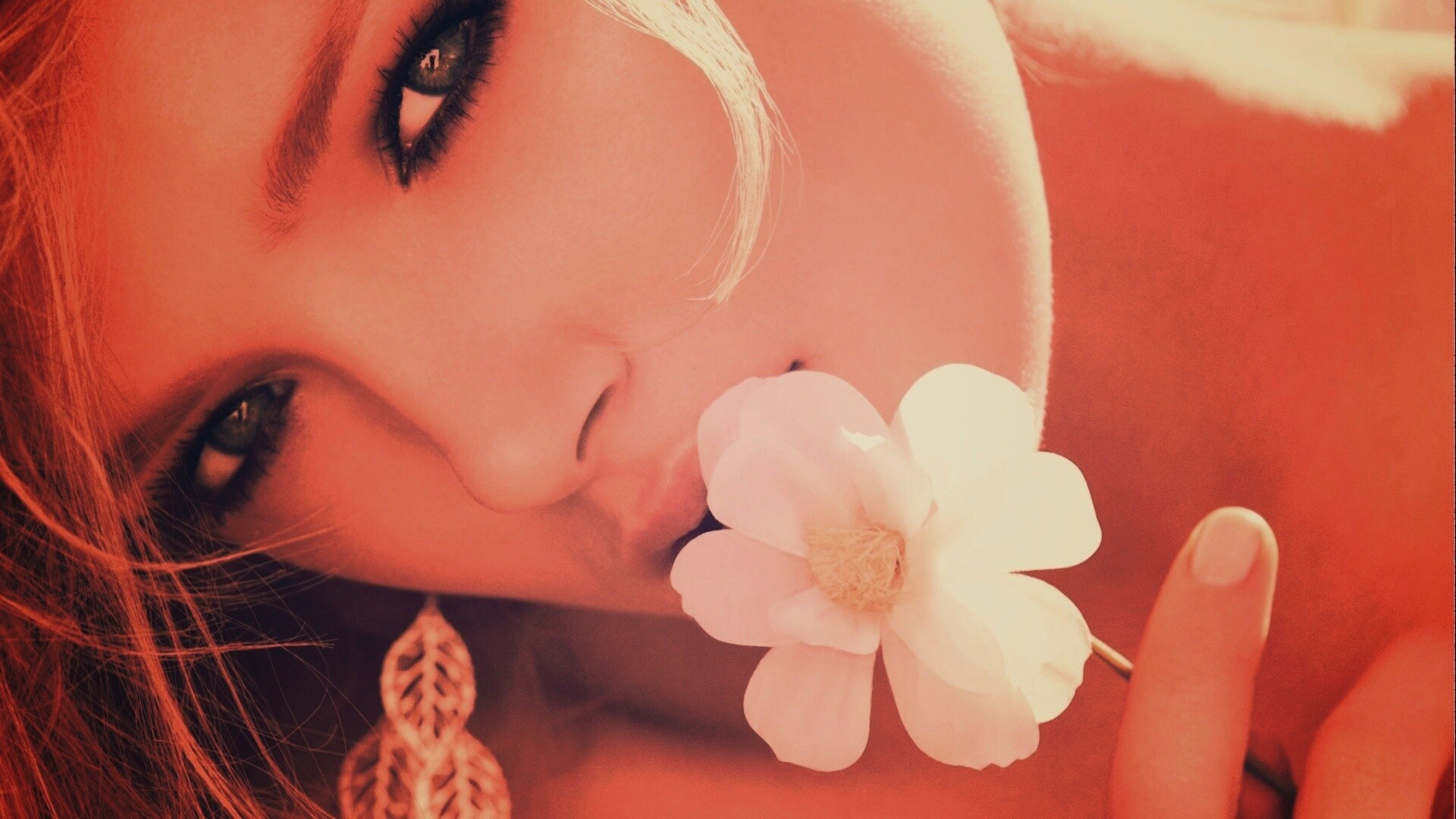 Красавица с белым цветком обои