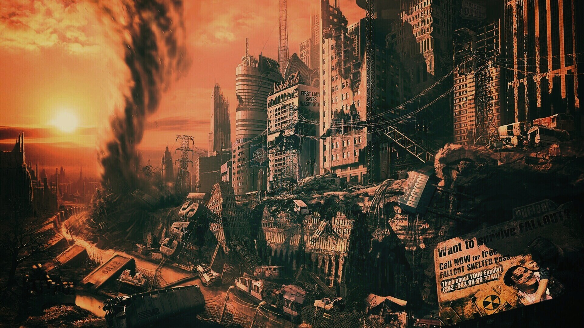 Торнадо в разрушенном городе обои