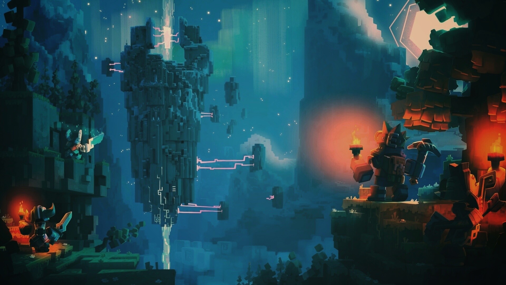 Парень с киркой и факелом смотрит в даль обои