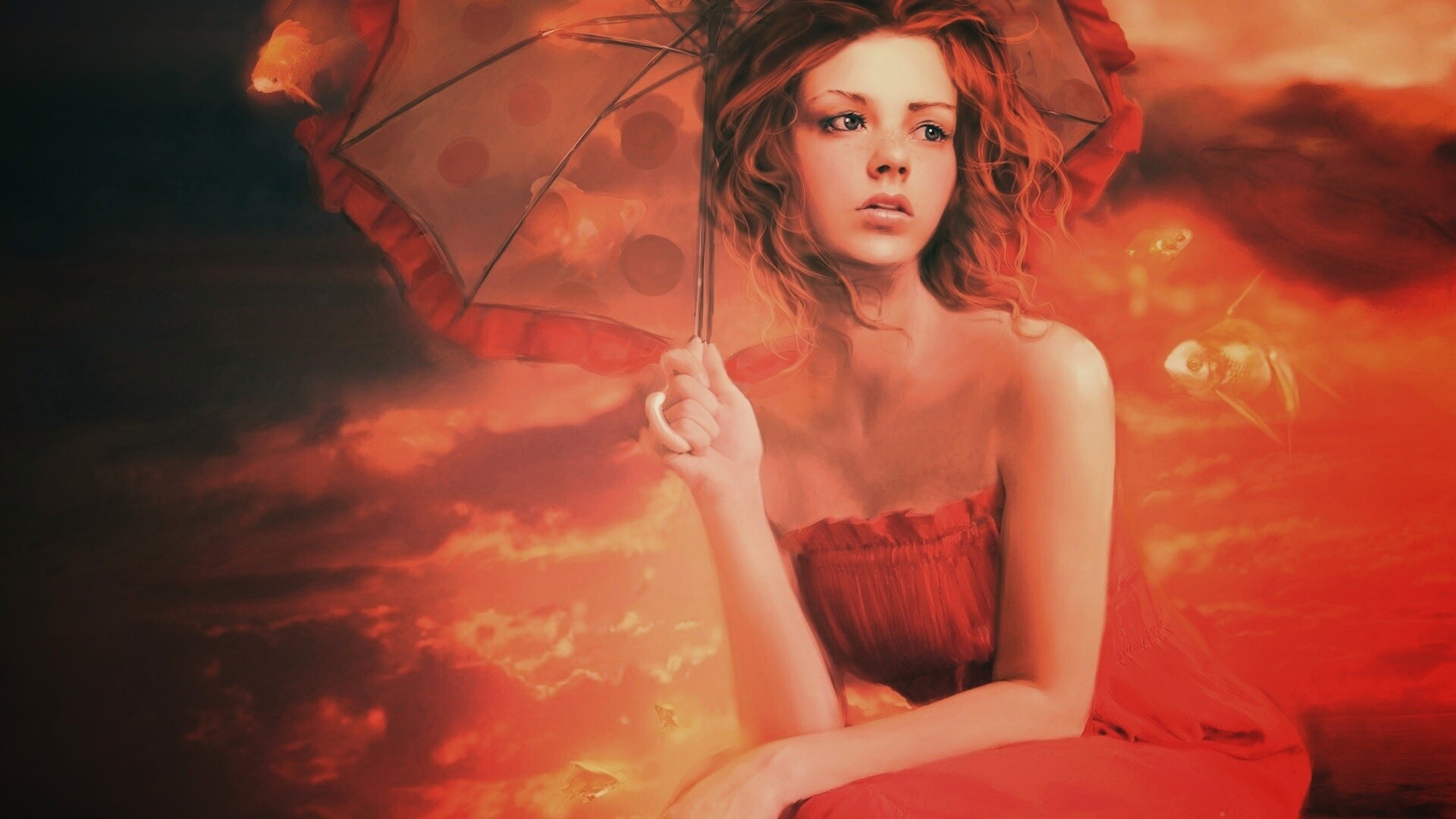 Девушка с зонтиком обои