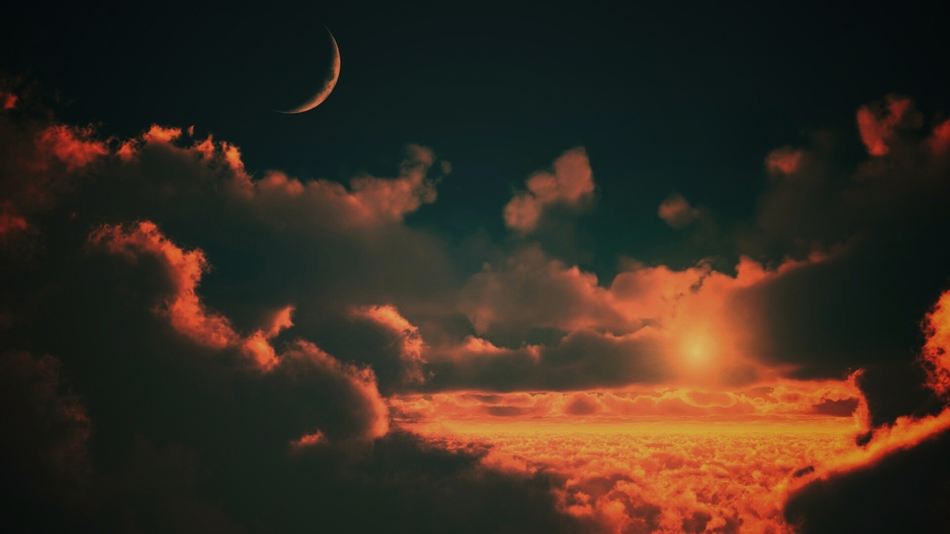Закат и месяц над облаками обои