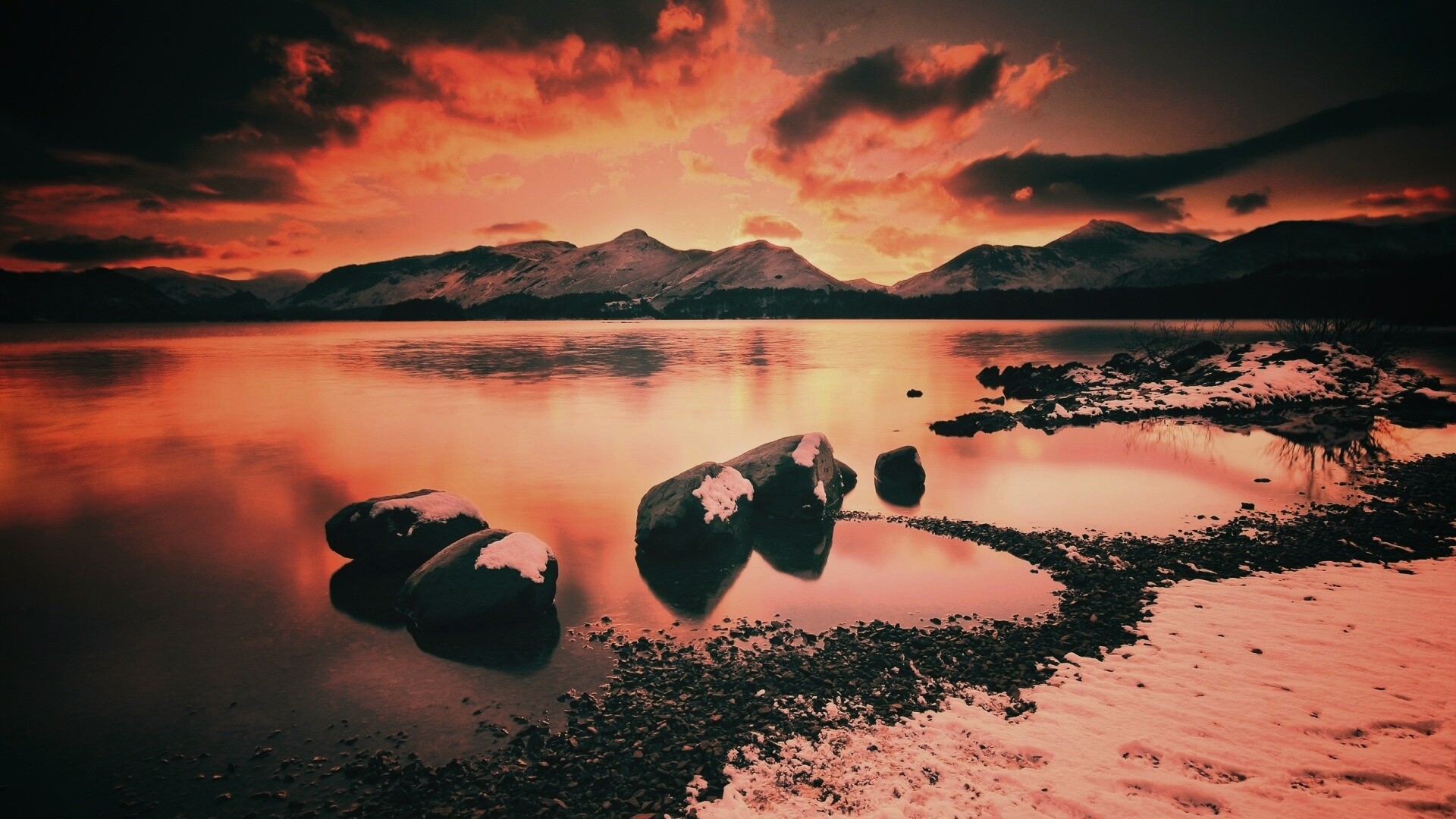 Картинный закат на озере обои