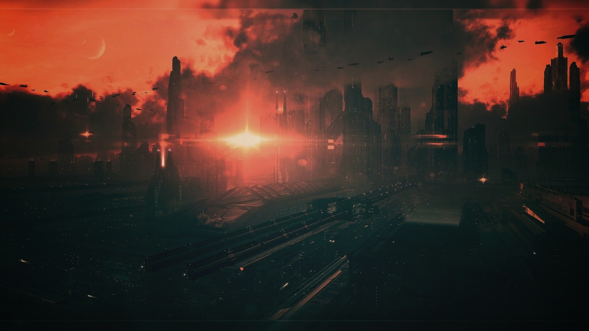 Закат в инопланетном городе обои