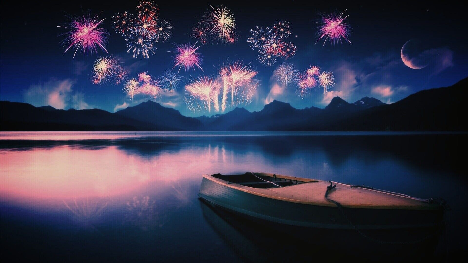 Фейрверк над озером обои