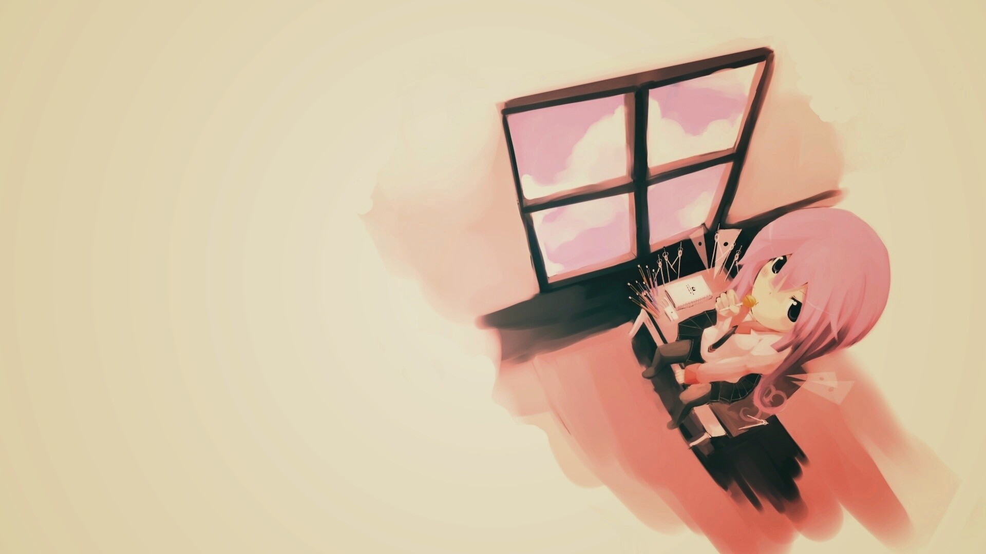 Школница с конфетой у окна обои