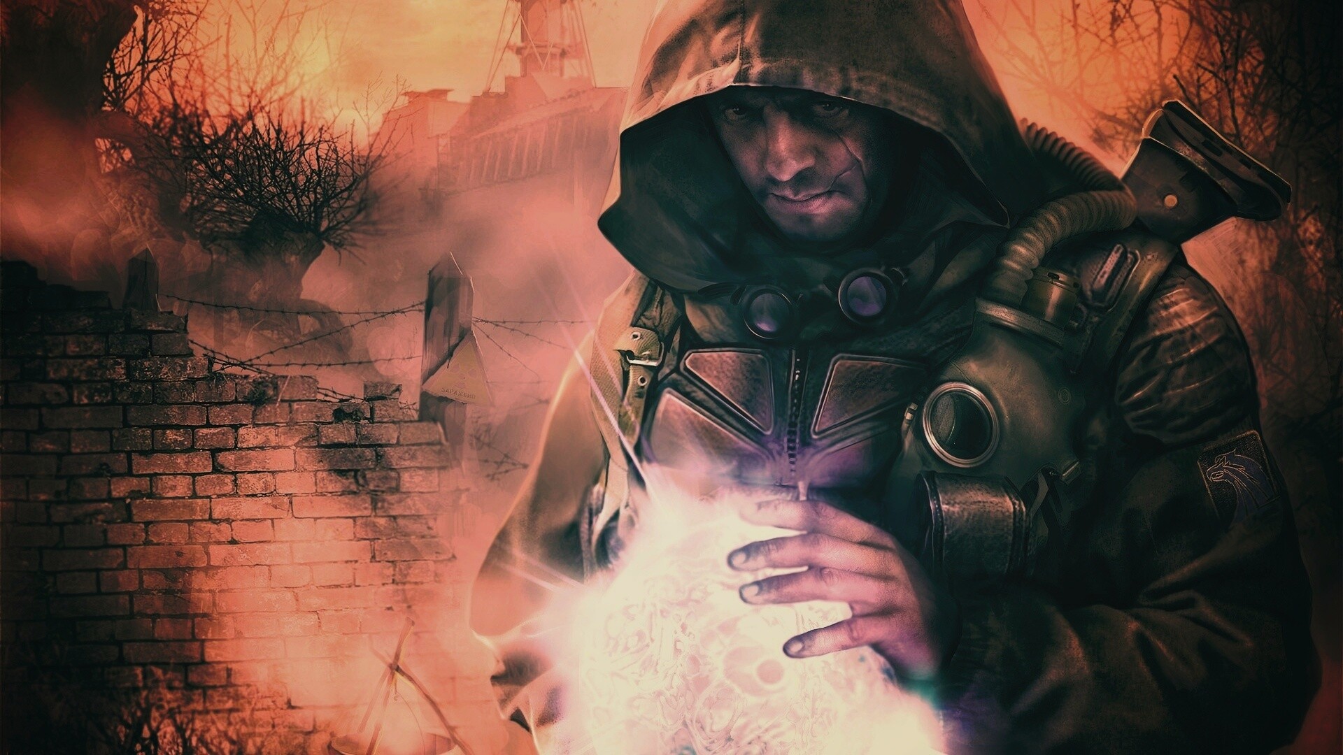 Сталкер с энергетическим артефактом в руках обои