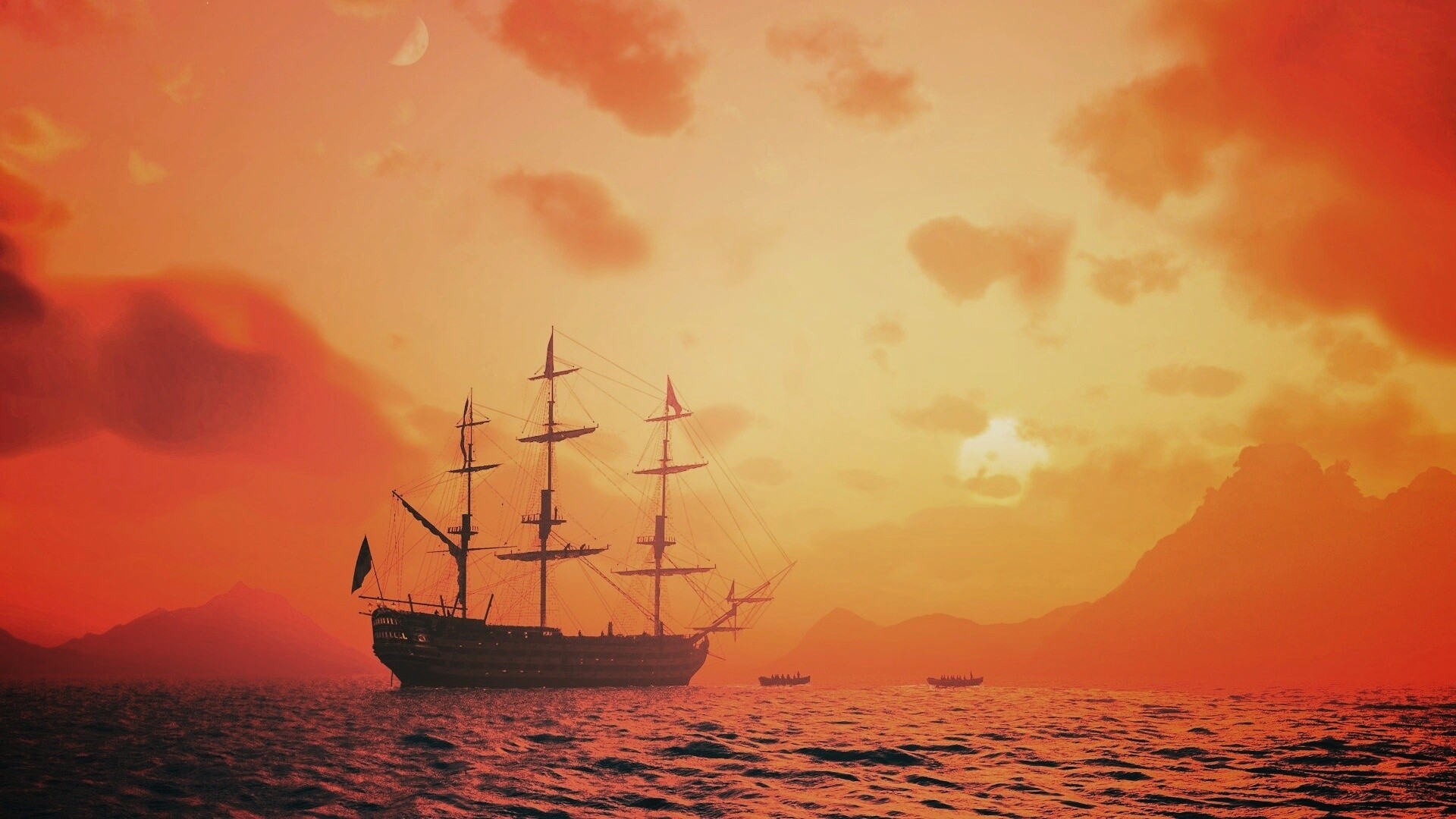 Трехпалубный парусный корабль на закате обои