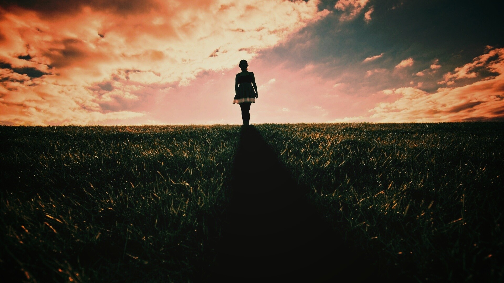Силуэт девочки на поле обои