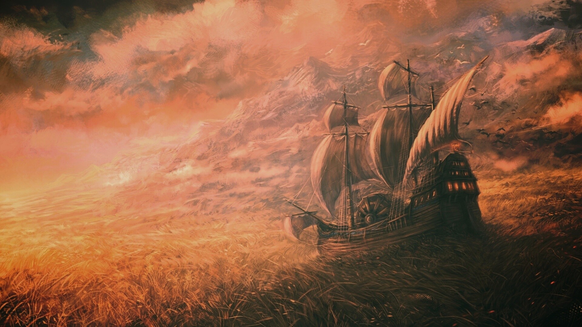 Корабль в море травы обои