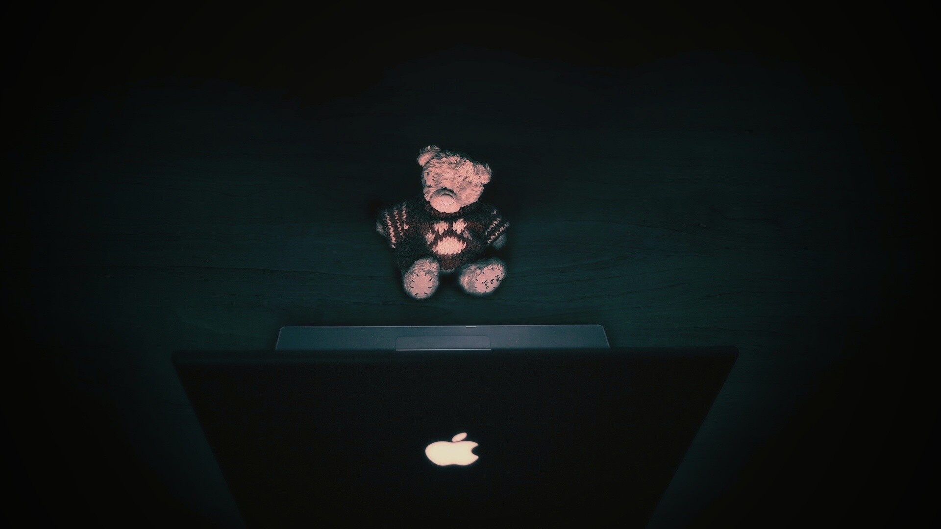 Плюшевый мишка за ноутбуком обои