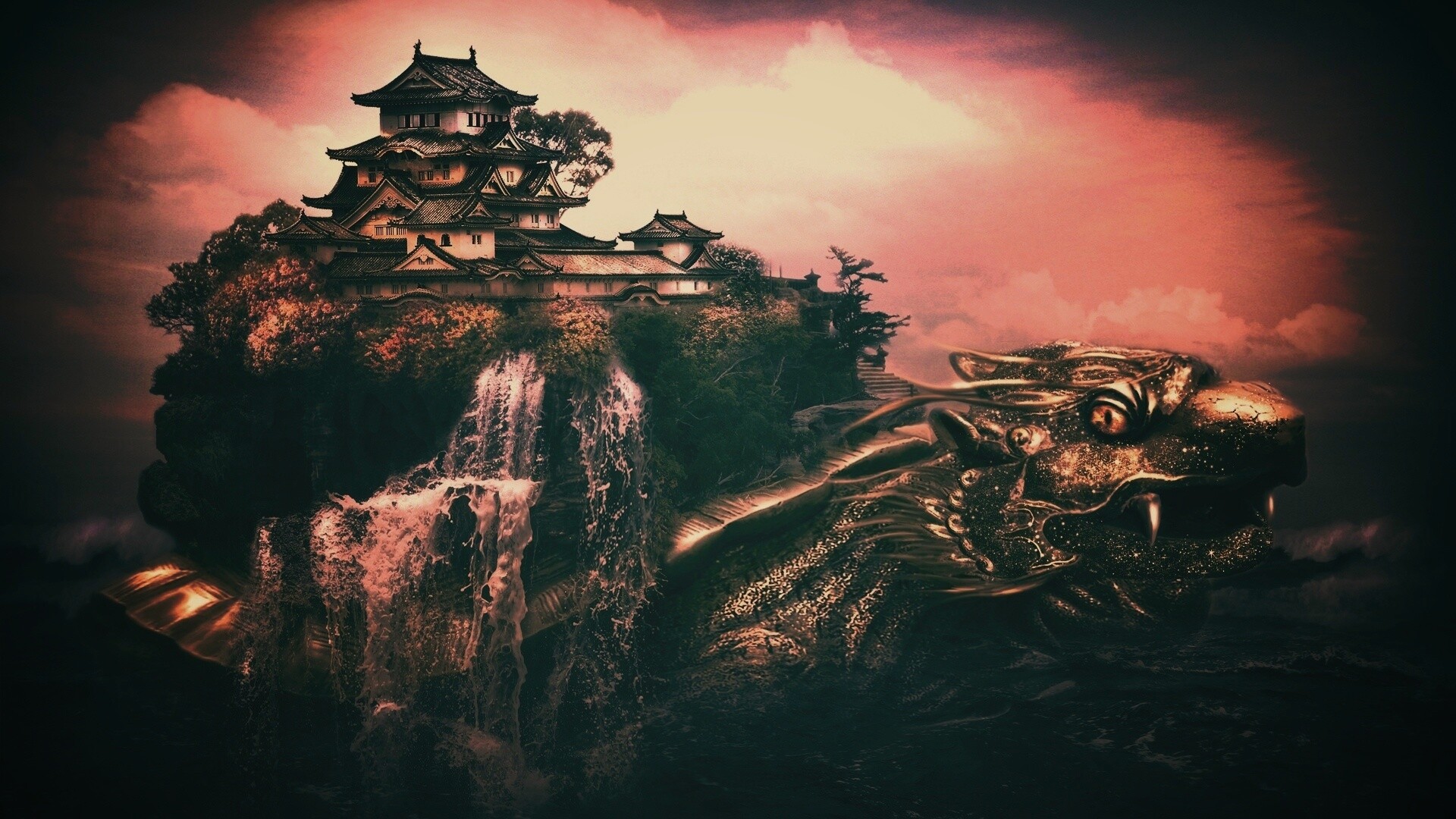 Золотая черепаха и китайская пагода в океане обои