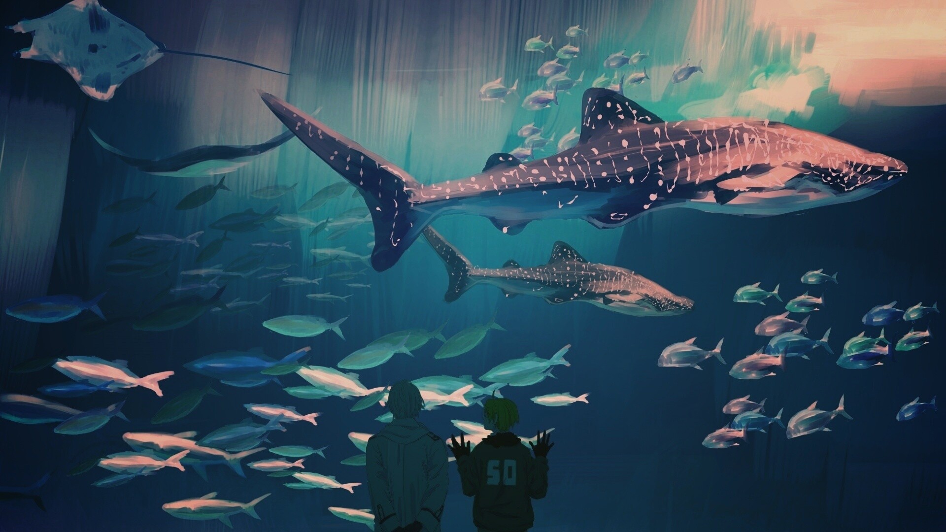 Двое в океанариуме обои