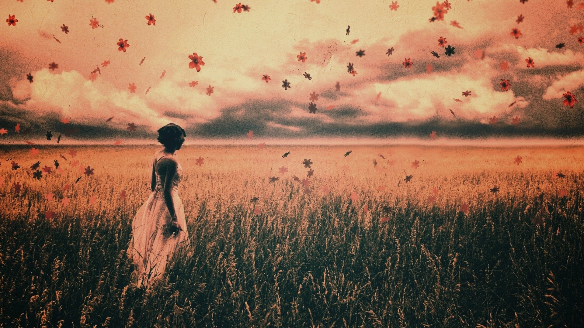 Грустная девушка в поле травы обои