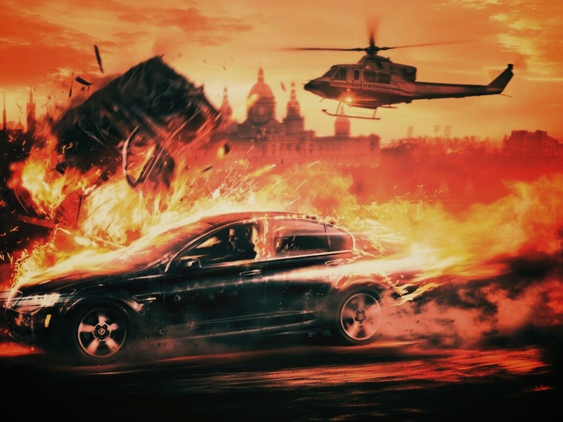 Погоня за горящей машиной обои