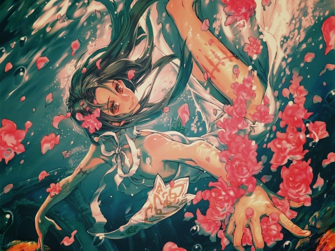 Девушка из аниме под водой обои