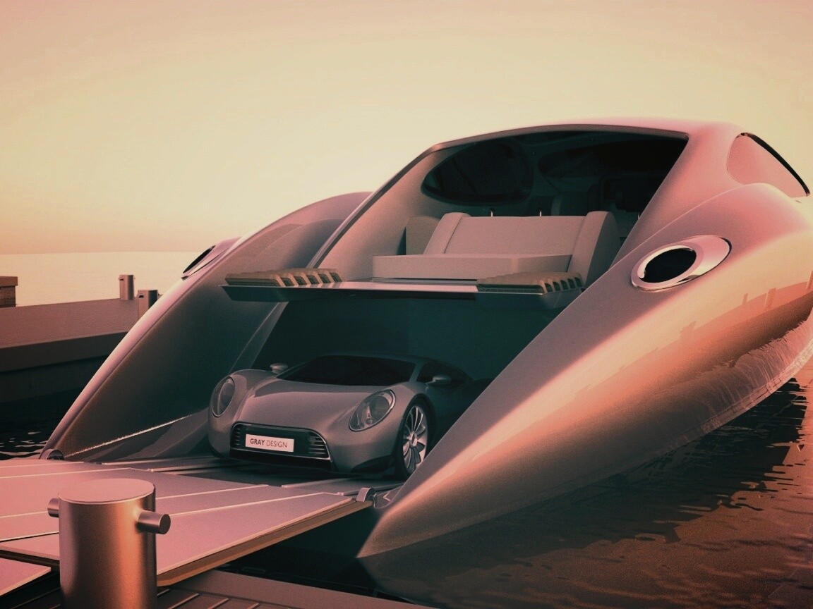 Яхта с автомобилем на борту обои