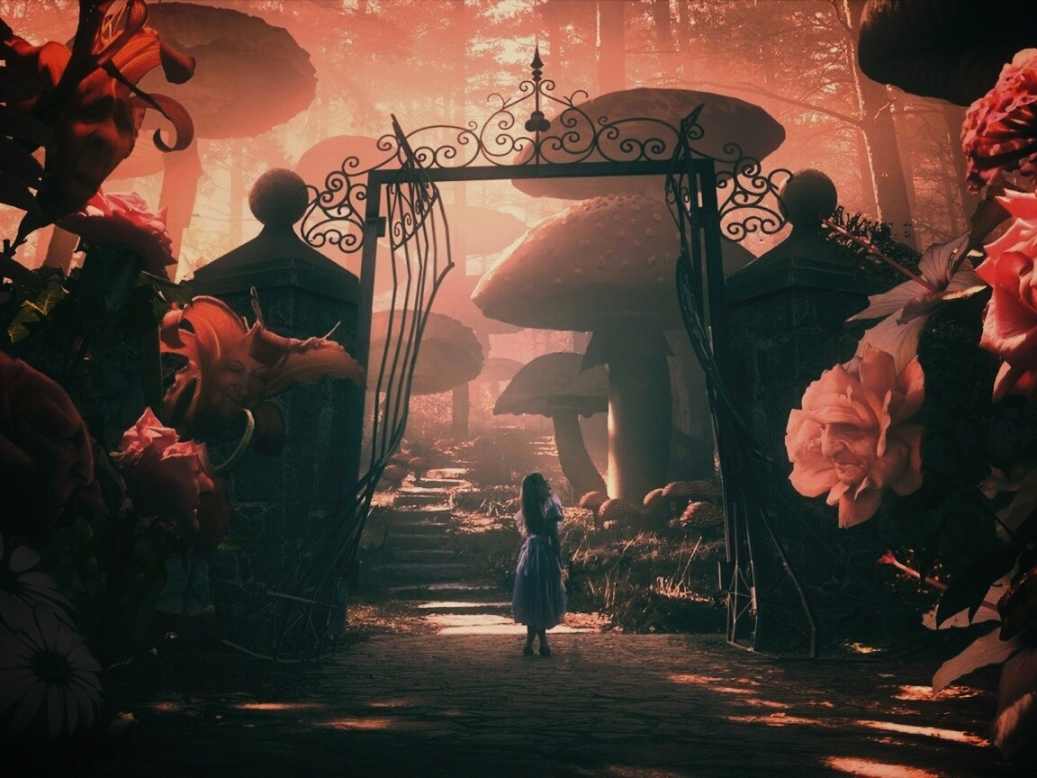 Алиса в стране чудес среди живых цветов обои