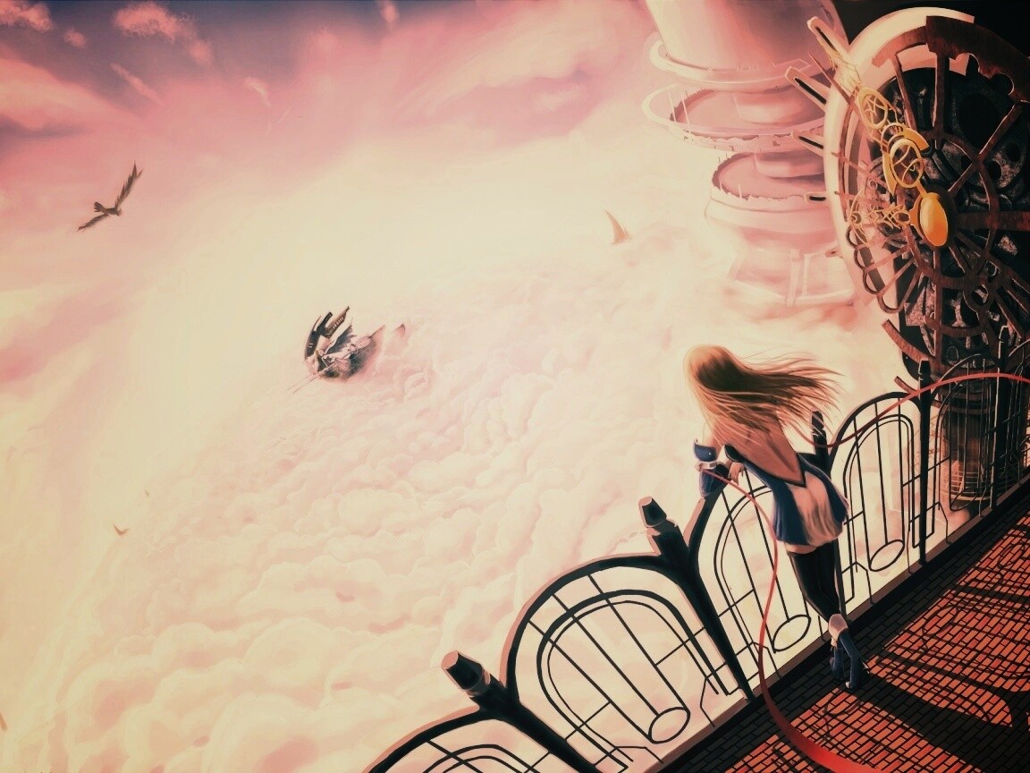 Девушка в городе над облаками обои