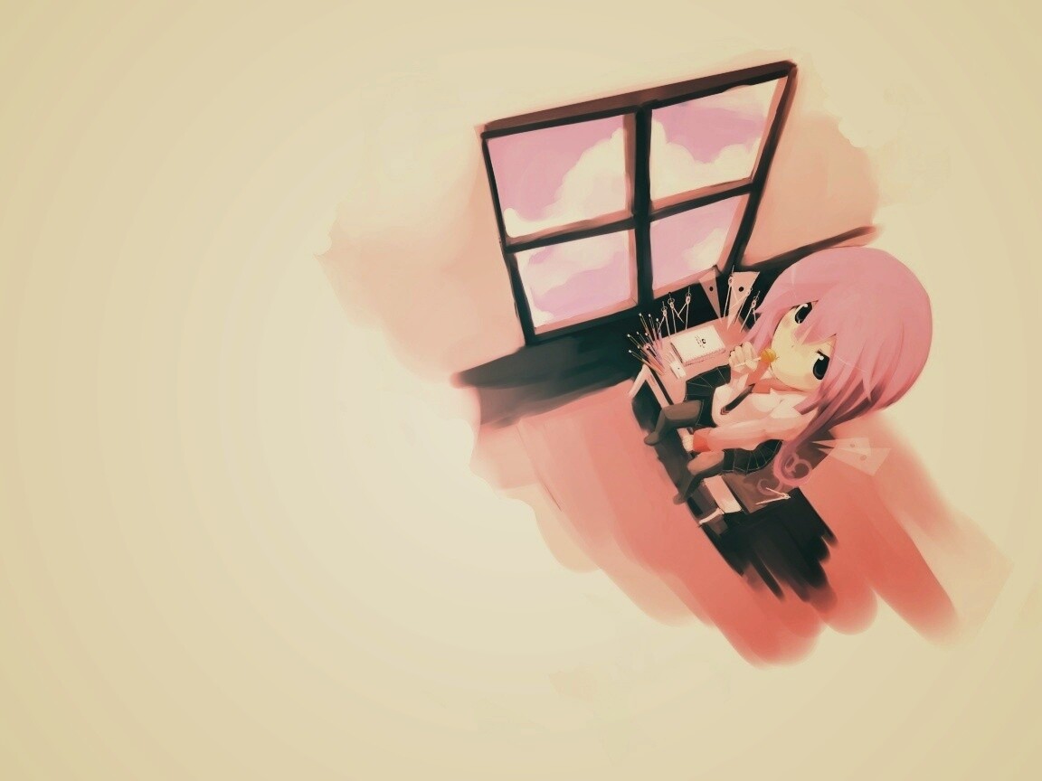 Школница с конфетой у окна обои