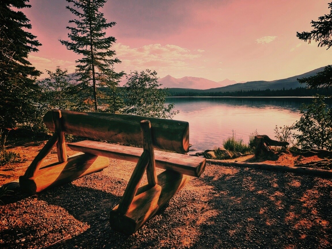 Деревянная скамья на берегу озера обои